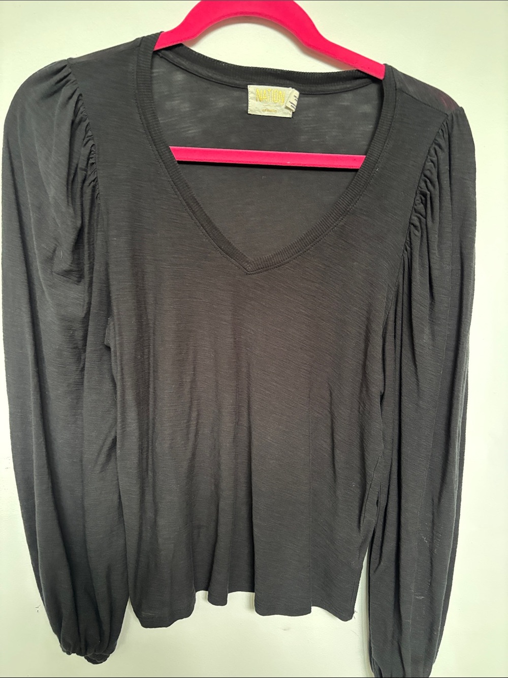 Nation LTD Black V-Neck Long Sleeve Puff-Sleeve Top